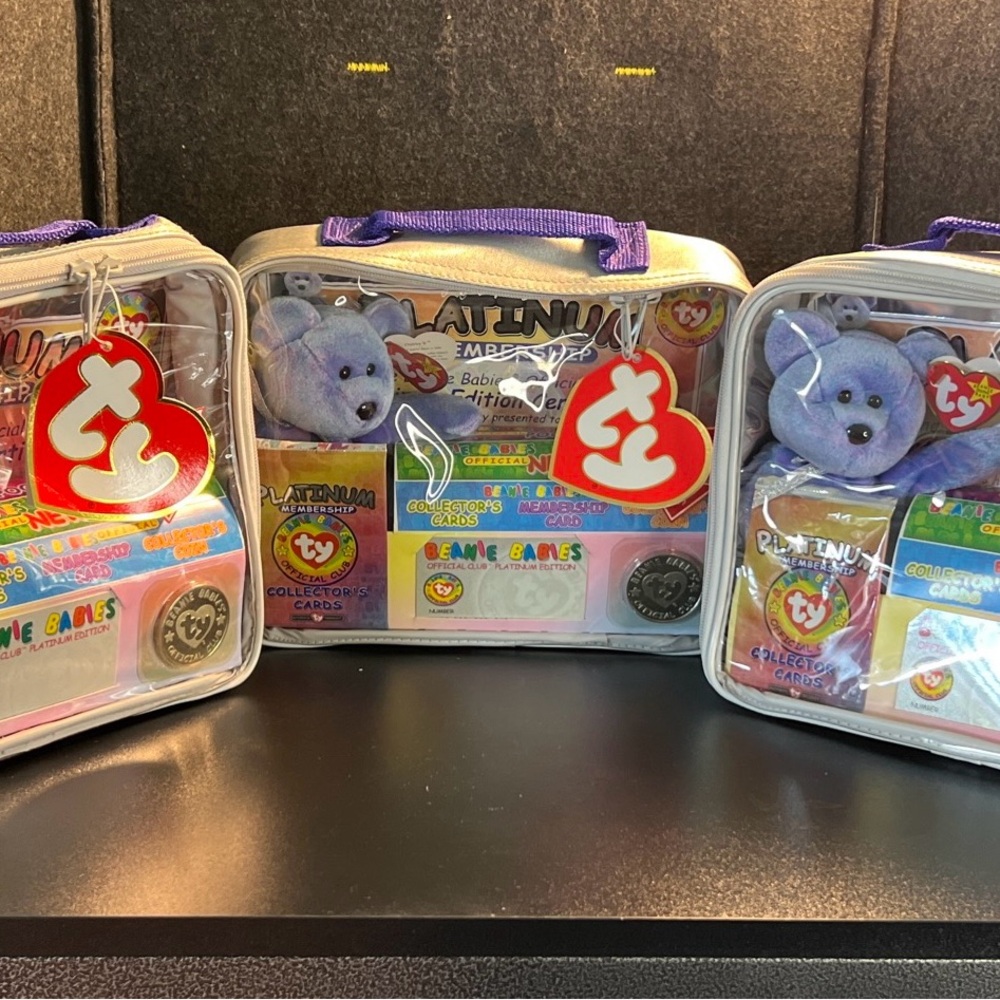 NEW SEALED Vtg Lot Of 3 TY Beanie Baby Platinum Membership Bag Bear Cards Coin